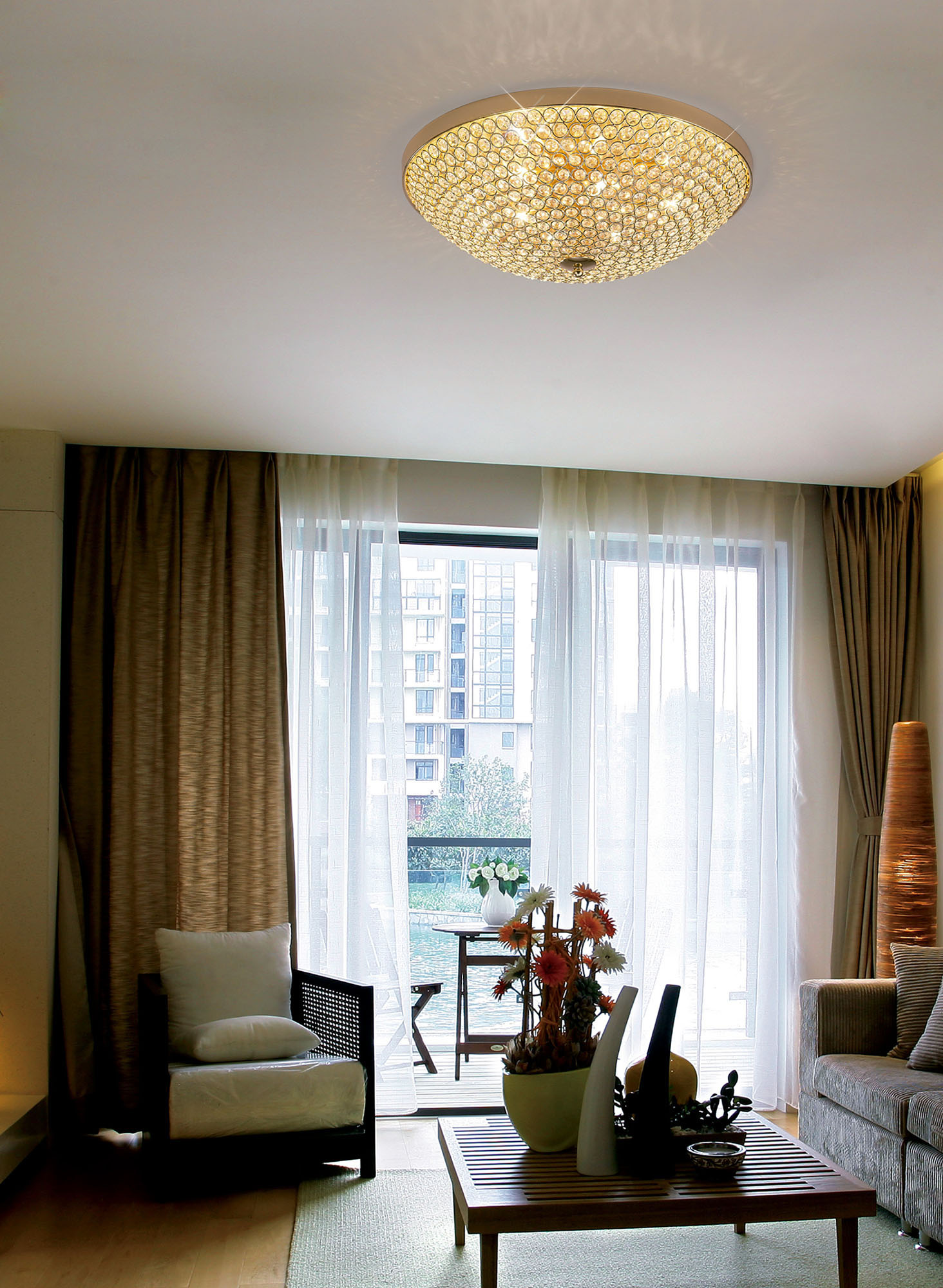 Ava French Gold Crystal Ceiling Lights Diyas Flush Crystal Fittings